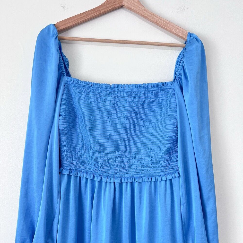 Aritzia Wilfred Tempest Satin Smocked Mini Dress Blue M Long Sleeve Babydoll - Picture 3 of 11